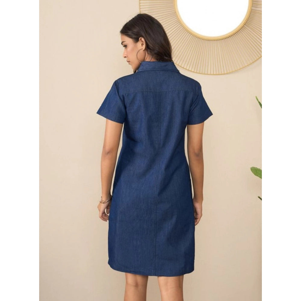 Women's Denim Solid Sleeveless Dress — Blue · 56_L