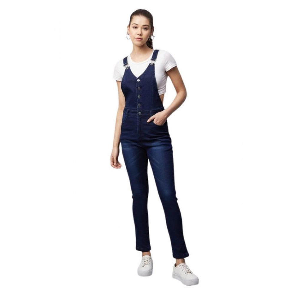 Women's Denim Lycra Solid Buttoned Dungaree — Navy