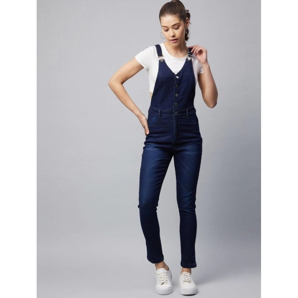 Women's Denim Lycra Solid Buttoned Dungaree — Navy