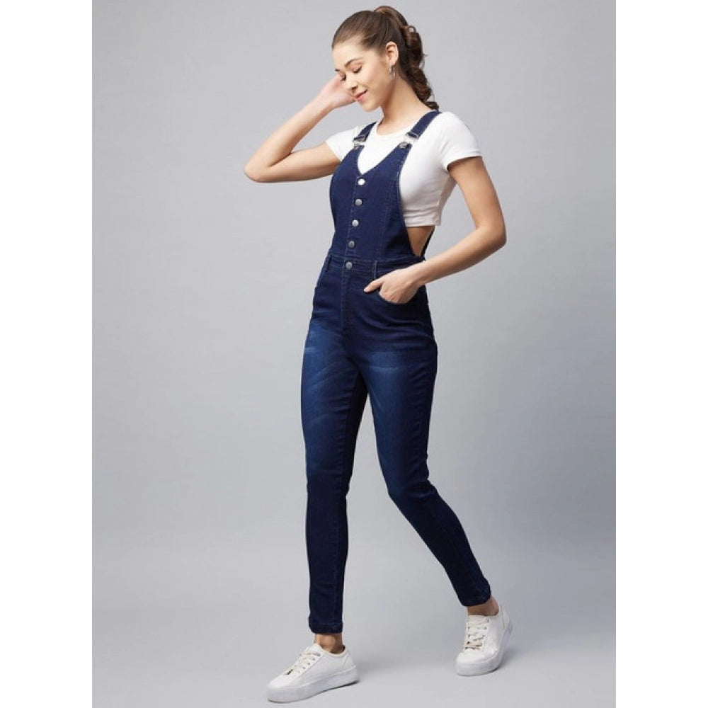 Women's Denim Lycra Solid Buttoned Dungaree — Navy