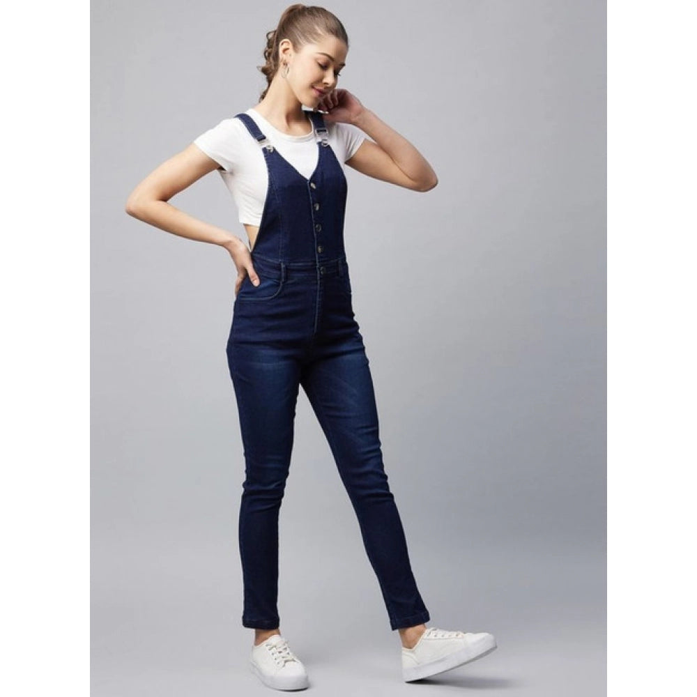 Women's Denim Lycra Solid Buttoned Dungaree — Navy