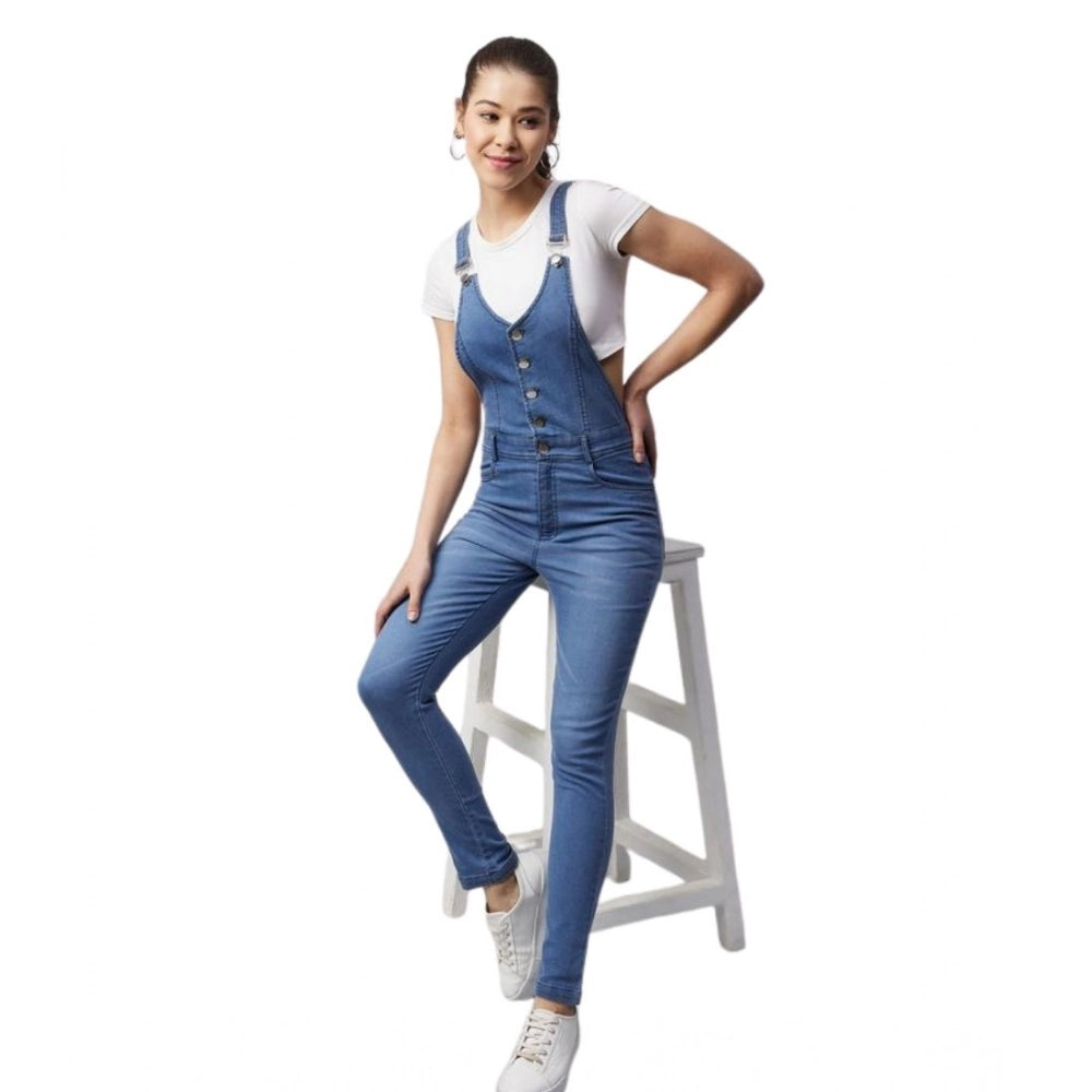Women's Denim Lycra Solid Buttoned Dungaree — Ice Blue