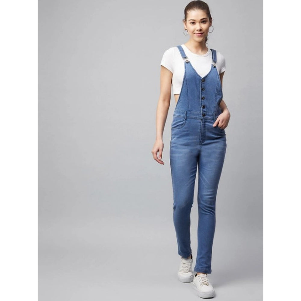 Women's Denim Lycra Solid Buttoned Dungaree — Ice Blue