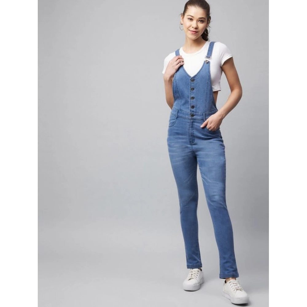Women's Denim Lycra Solid Buttoned Dungaree — Ice Blue