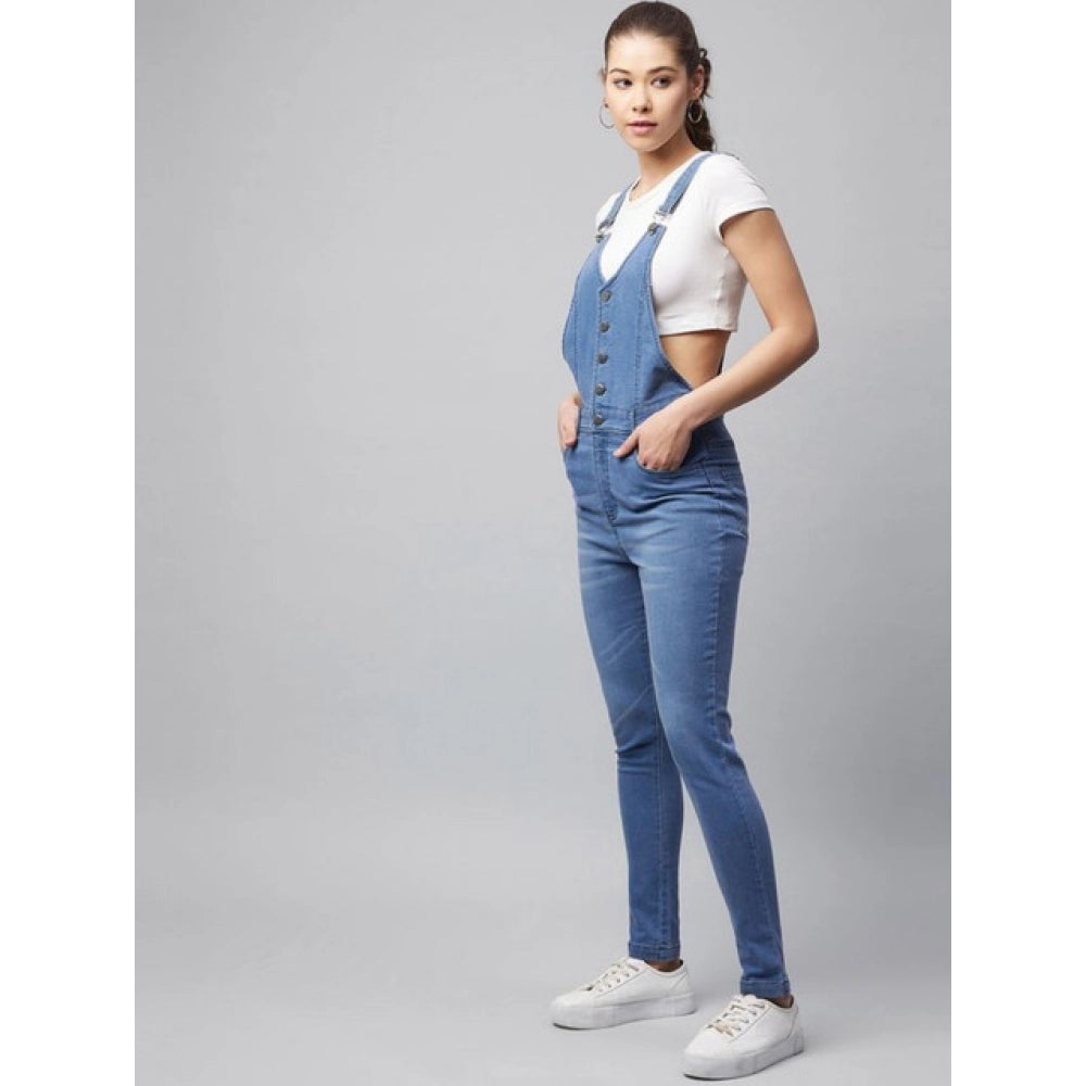 Women's Denim Lycra Solid Buttoned Dungaree — Ice Blue