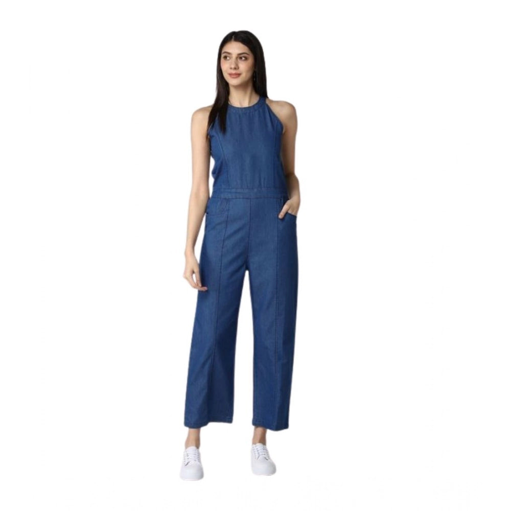 Women's Denim Solid Sleeveless Jumpsuit — Blue · 62_L
