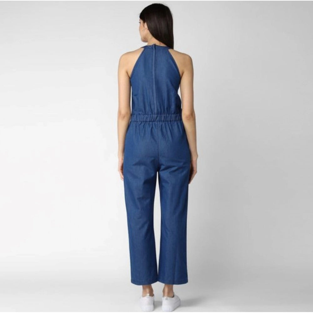 Women's Denim Solid Sleeveless Jumpsuit — Blue · 62_L