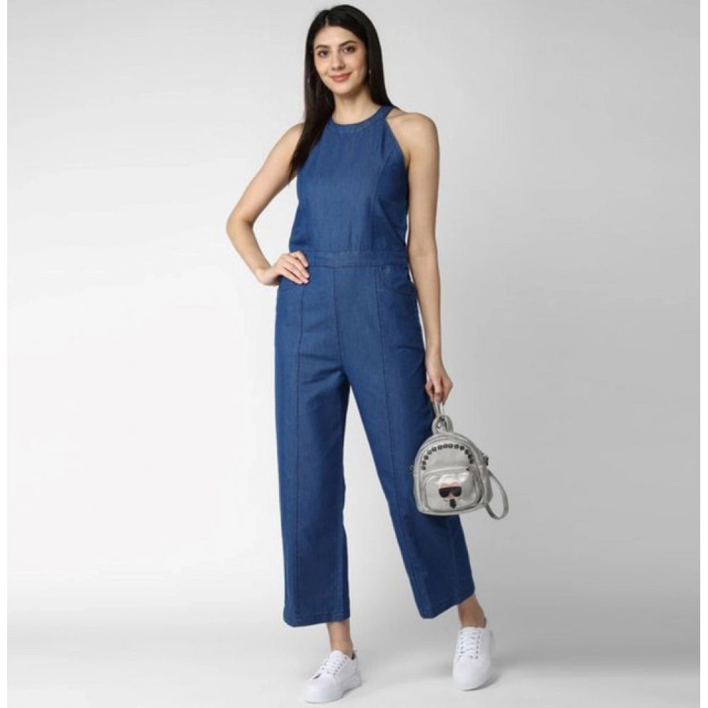 Women's Denim Solid Sleeveless Jumpsuit — Blue · 62_L