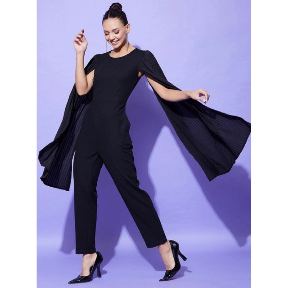 Women's Polyeter Solid Cape Sleeve Jumpsuit — Black