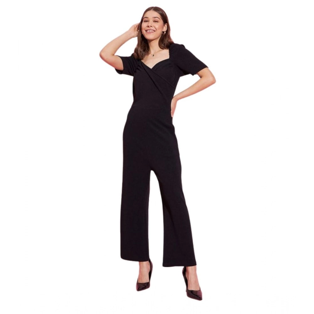 Women's Lycra Solid Puff Sleeve Jumpsuit — Black