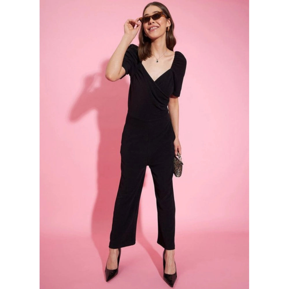 Women's Lycra Solid Puff Sleeve Jumpsuit — Black