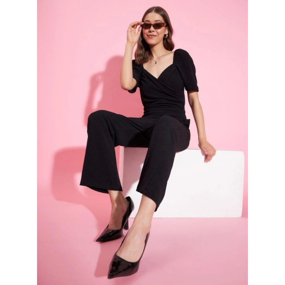 Women's Lycra Solid Puff Sleeve Jumpsuit — Black