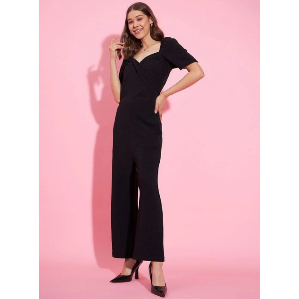 Women's Lycra Solid Puff Sleeve Jumpsuit — Black