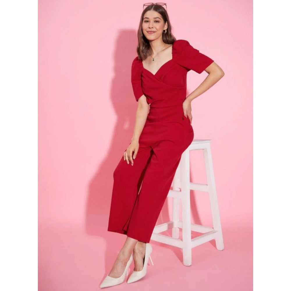 Women's Lycra Solid Puff Sleeve Jumpsuit — Red