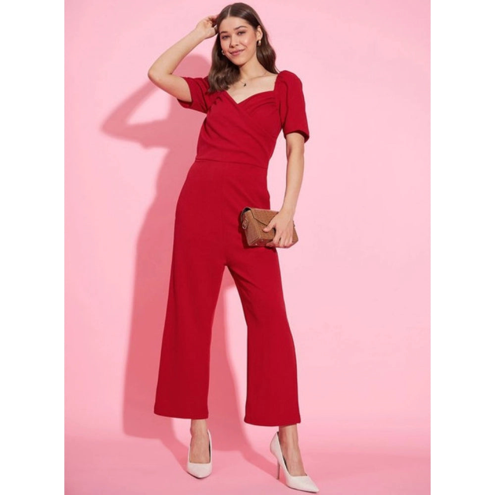 Women's Lycra Solid Puff Sleeve Jumpsuit — Red