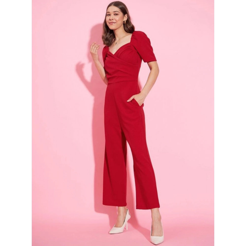 Women's Lycra Solid Puff Sleeve Jumpsuit — Red