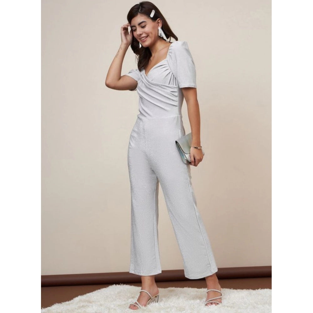 Women's Shimmer Self Design Short Sleeve Jumpsuit — Silver