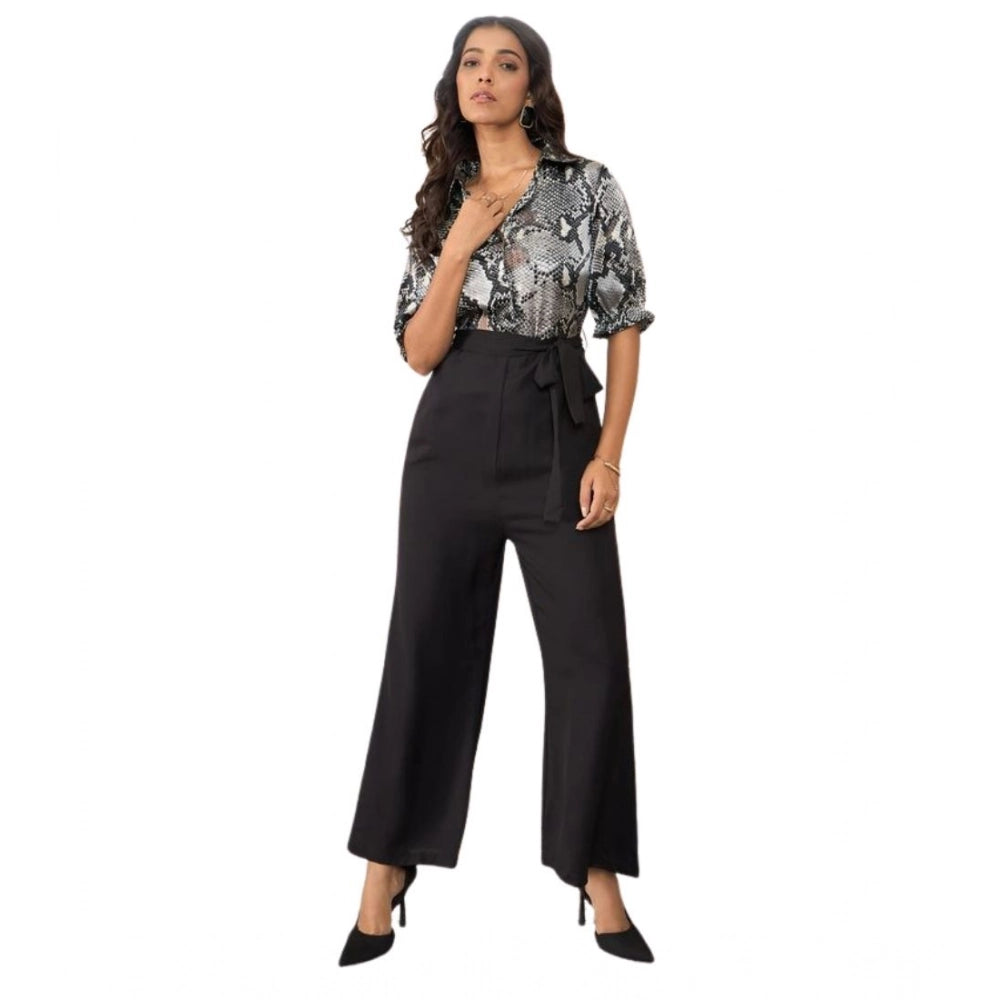 Women's Satin And Floral Half Sleeves Jumpsuit — Grey - Black
