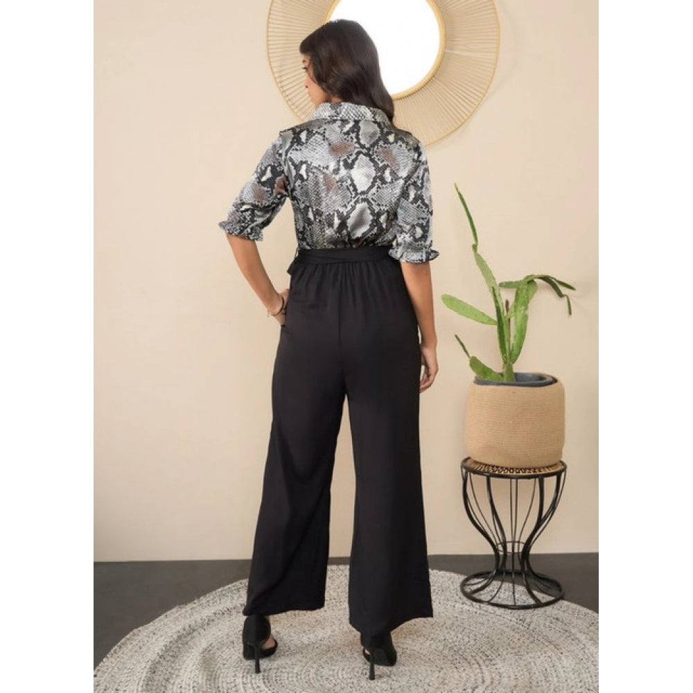 Women's Satin And Floral Half Sleeves Jumpsuit — Grey - Black
