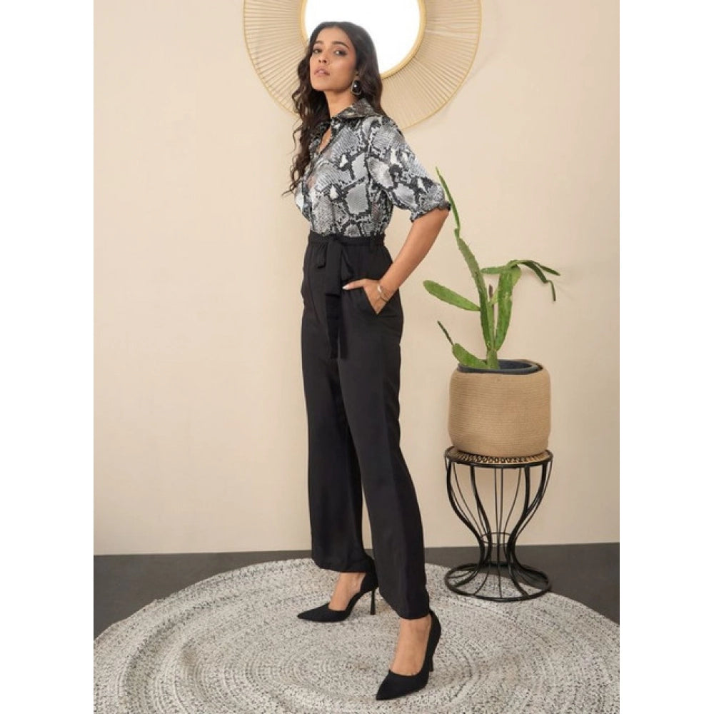 Women's Satin And Floral Half Sleeves Jumpsuit — Grey - Black
