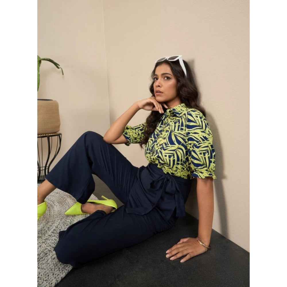 Women's Floral Half Sleeves Jumpsuit — Navy - Yellow