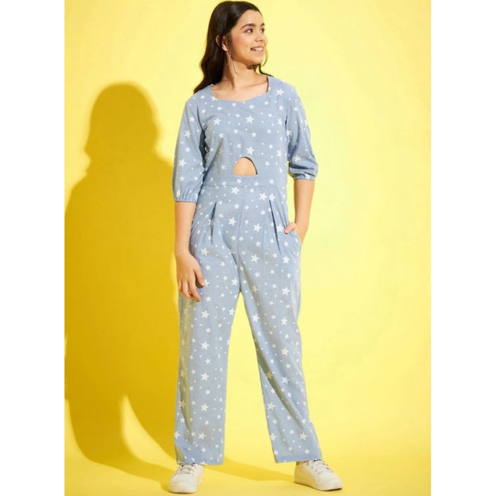 Girl's Cotton Printed 3-4th Sleeve Jumpsuit — Blue - White