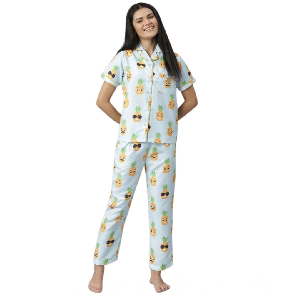 Women's Cotton Blend Printed Short Sleeve Night Suit — Blue-Yellow
