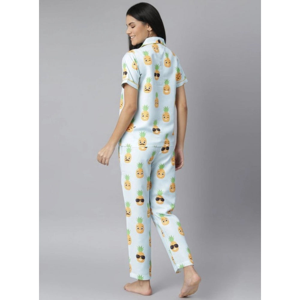 Women's Cotton Blend Printed Short Sleeve Night Suit — Blue-Yellow