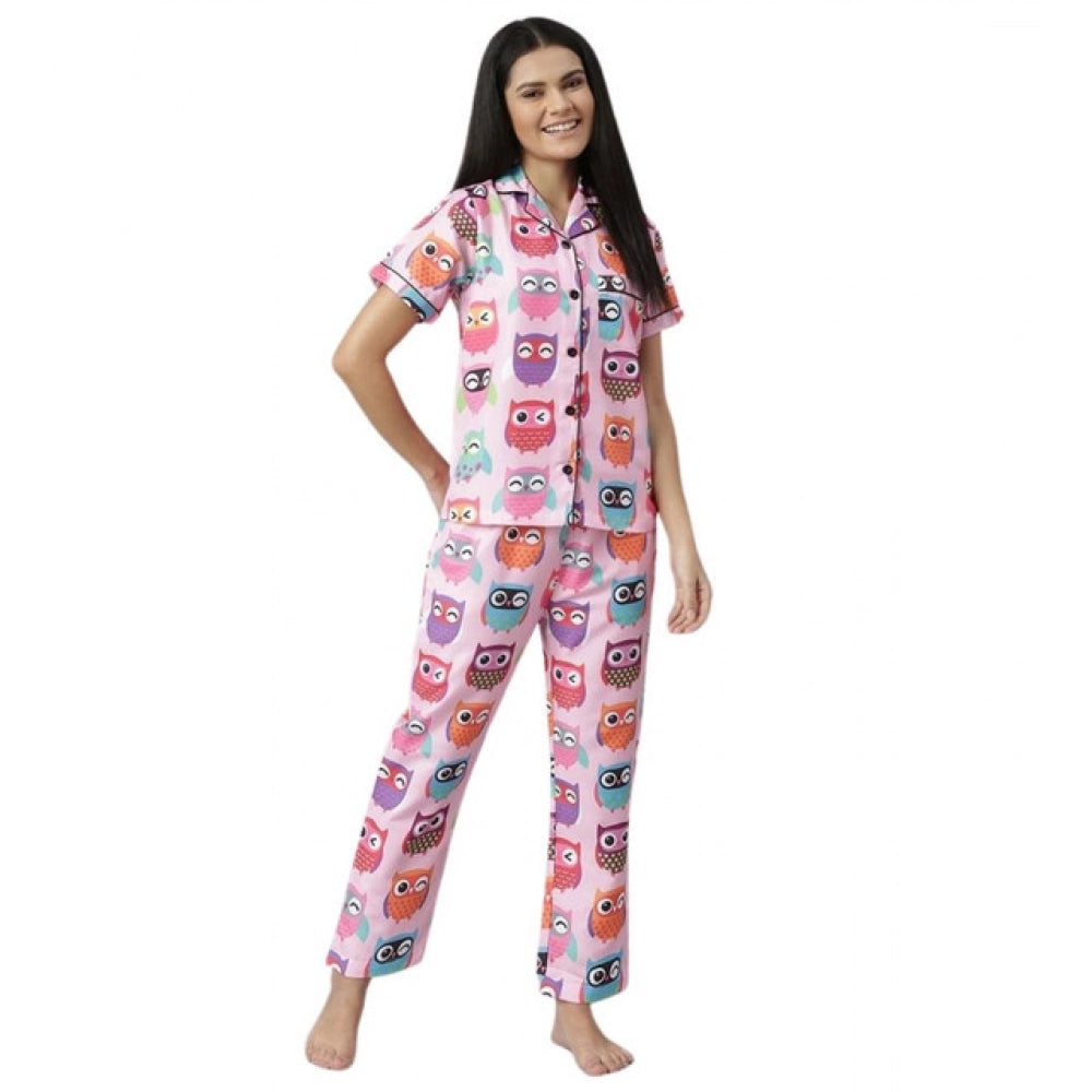 Women's Cotton Blend Printed Short Sleeve Night Suit — Pink