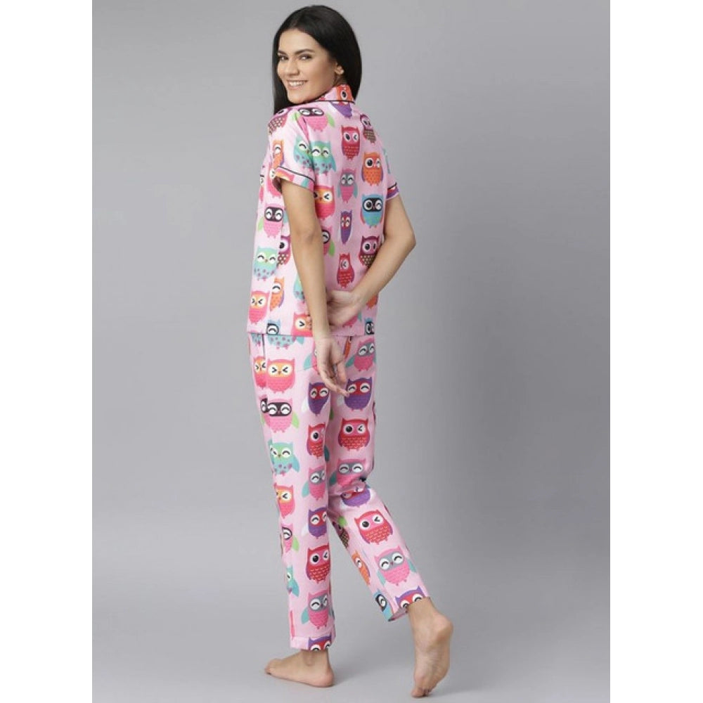 Women's Cotton Blend Printed Short Sleeve Night Suit — Pink