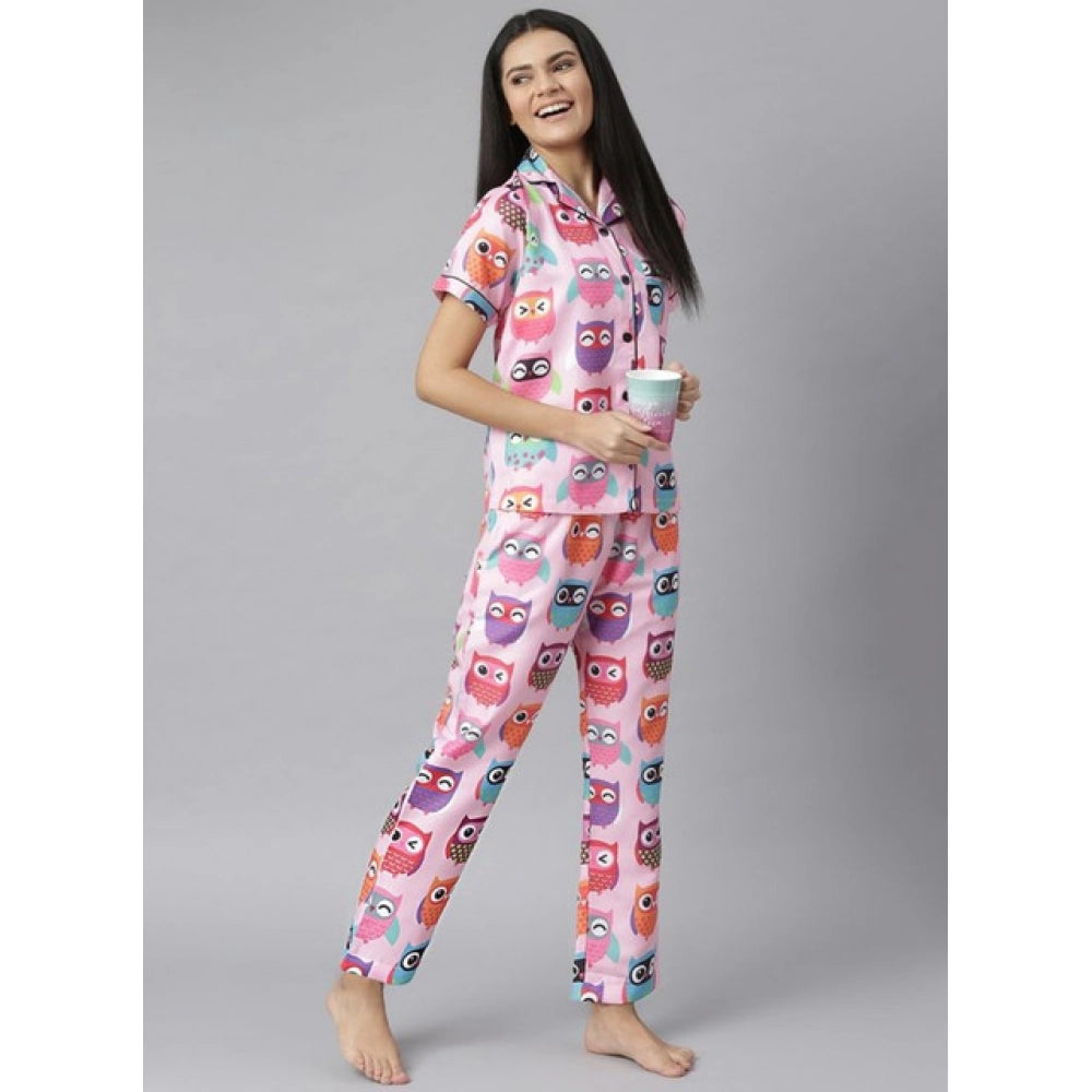 Women's Cotton Blend Printed Short Sleeve Night Suit — Pink