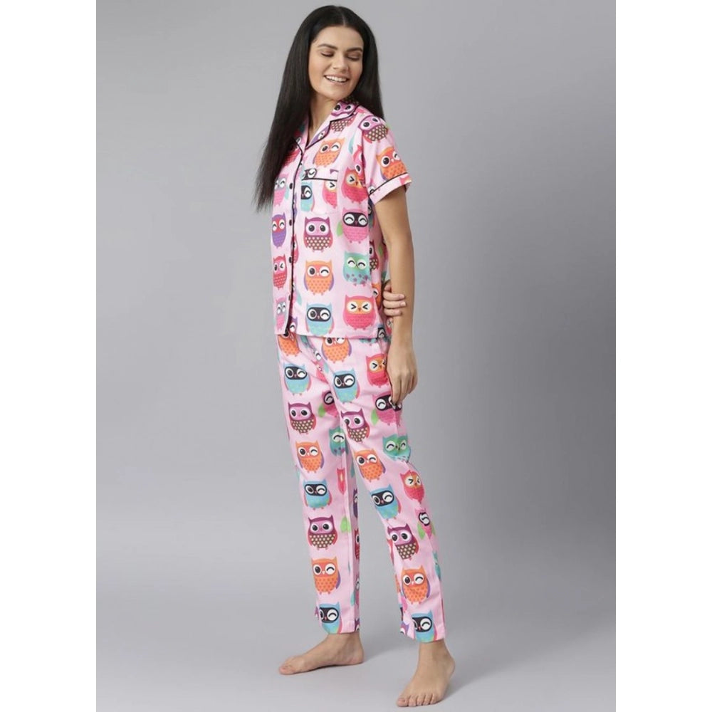 Women's Cotton Blend Printed Short Sleeve Night Suit — Pink
