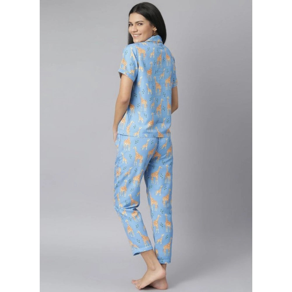 Women's Cotton Blend Printed Short Sleeve Night Suit — Blue