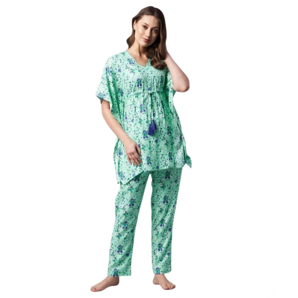 Women's Rayon Floral Kaftan Sleeve Night Suit — Green - Blue