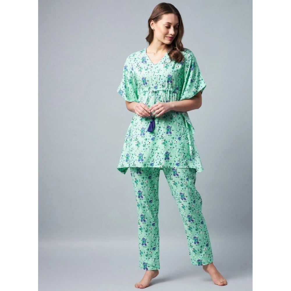 Women's Rayon Floral Kaftan Sleeve Night Suit — Green - Blue
