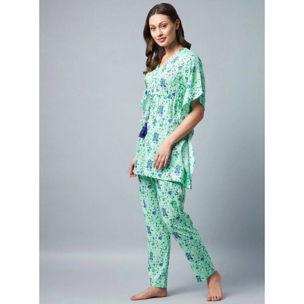 Women's Rayon Floral Kaftan Sleeve Night Suit — Green - Blue