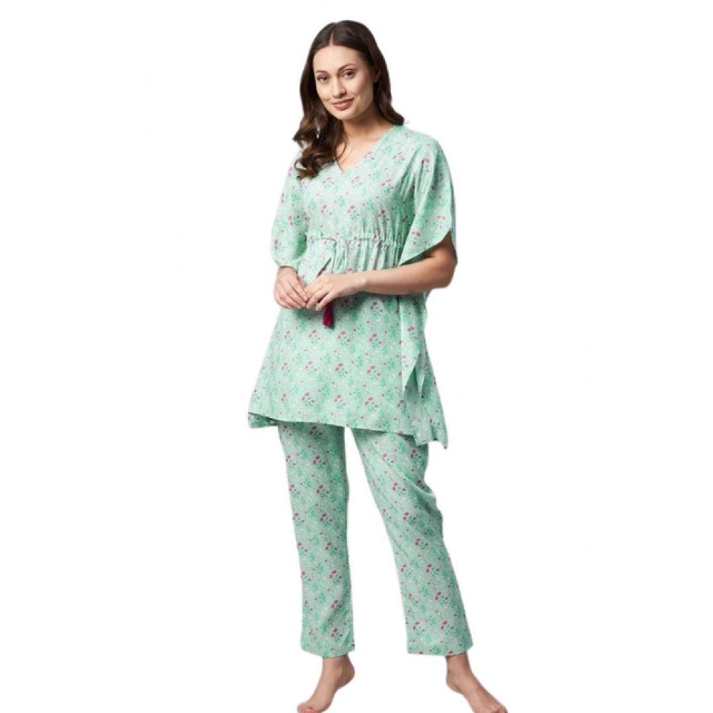 Women's Rayon Floral Kaftan Sleeve Night Suit — Green - Pink