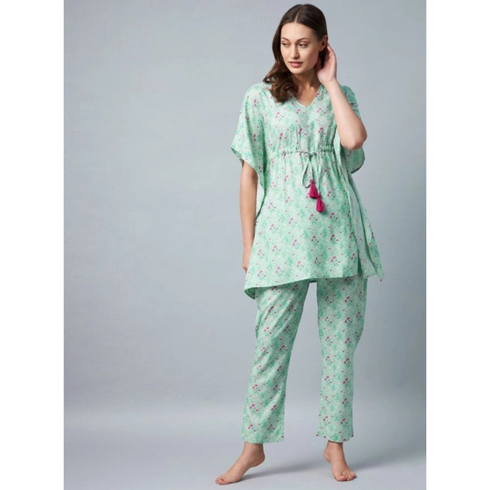 Women's Rayon Floral Kaftan Sleeve Night Suit — Green - Pink