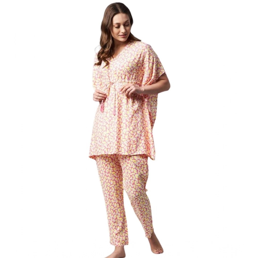 Women's Rayon Tie And Dye Kaftan Sleeve Night Suit