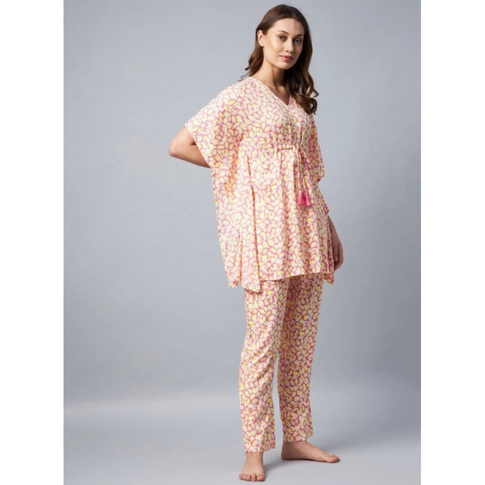 Women's Rayon Tie And Dye Kaftan Sleeve Night Suit