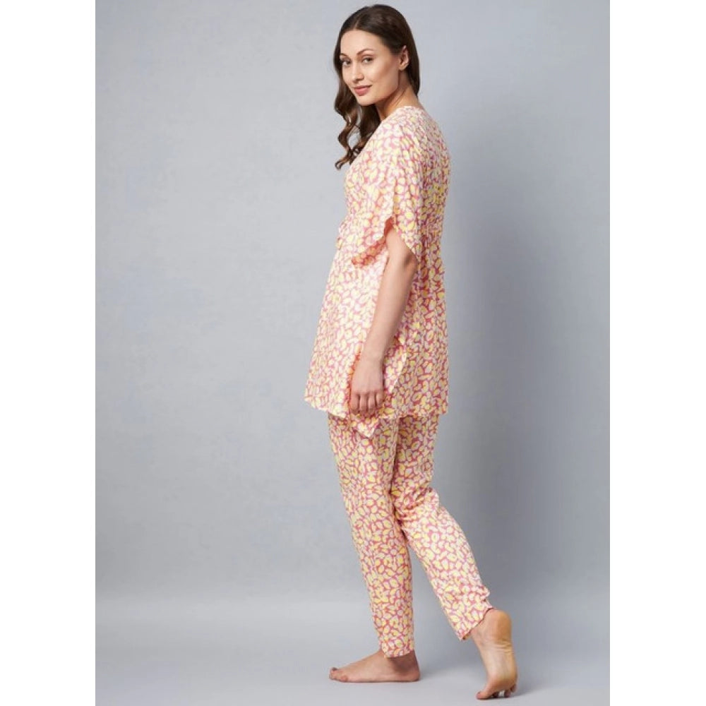 Women's Rayon Tie And Dye Kaftan Sleeve Night Suit