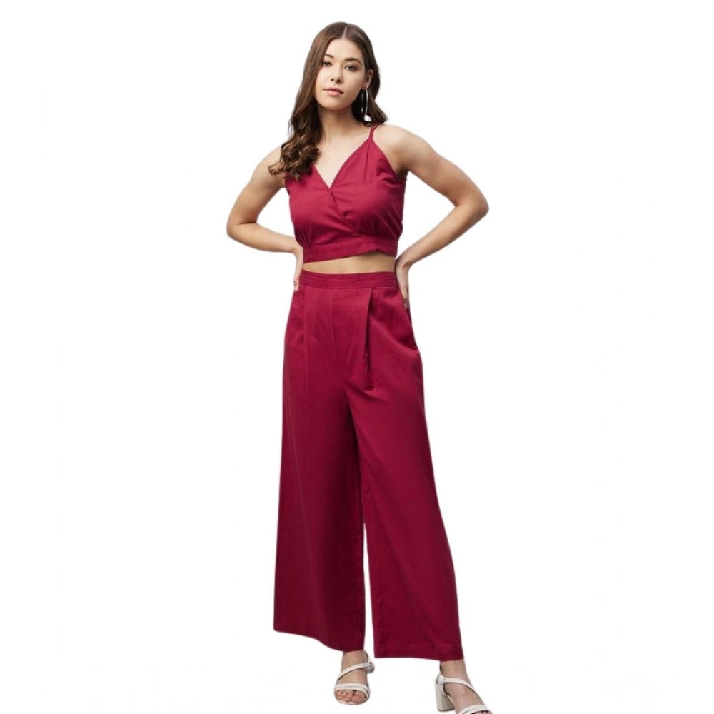 Women's Cotton Linen Solid Sleeveless Crop Top And Palazzo — Maroon