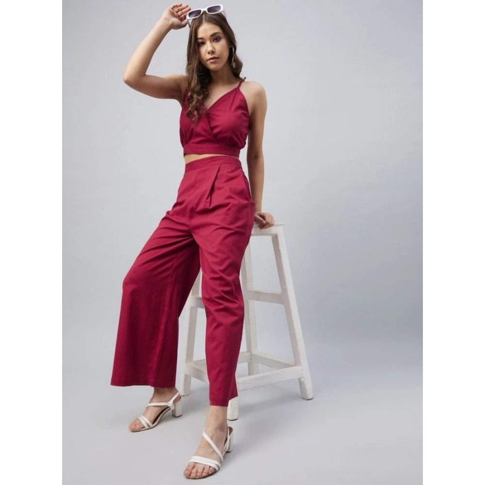 Women's Cotton Linen Solid Sleeveless Crop Top And Palazzo — Maroon
