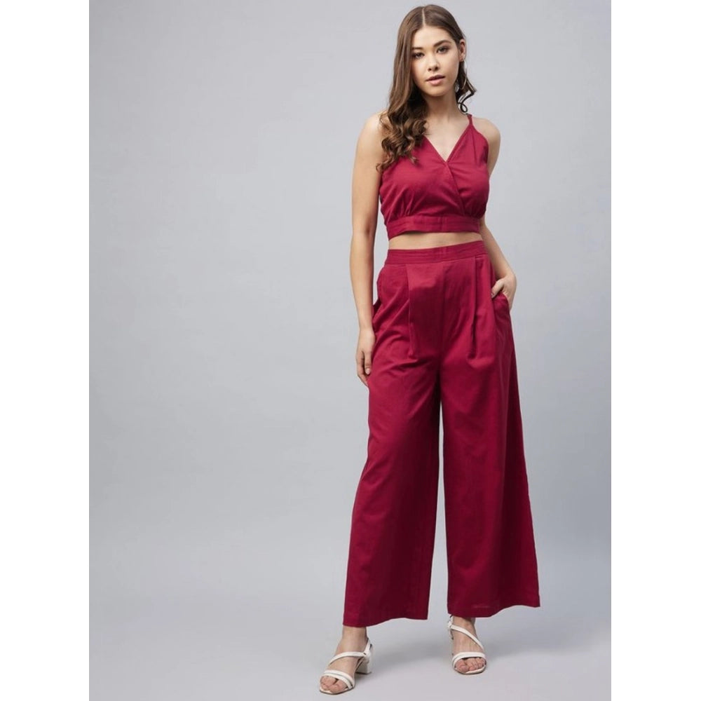 Women's Cotton Linen Solid Sleeveless Crop Top And Palazzo — Maroon