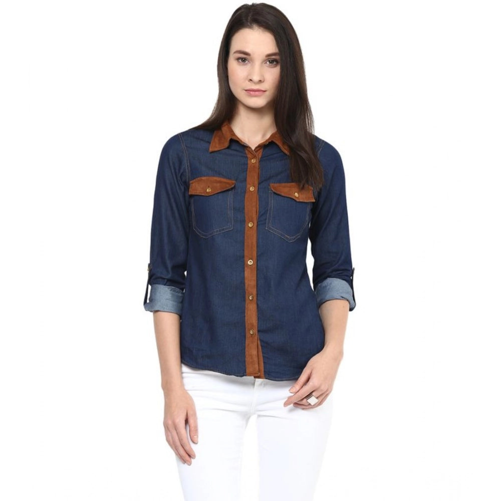 Women's Denim Cotton Based Solid Long Sleeves Shirt — Blue