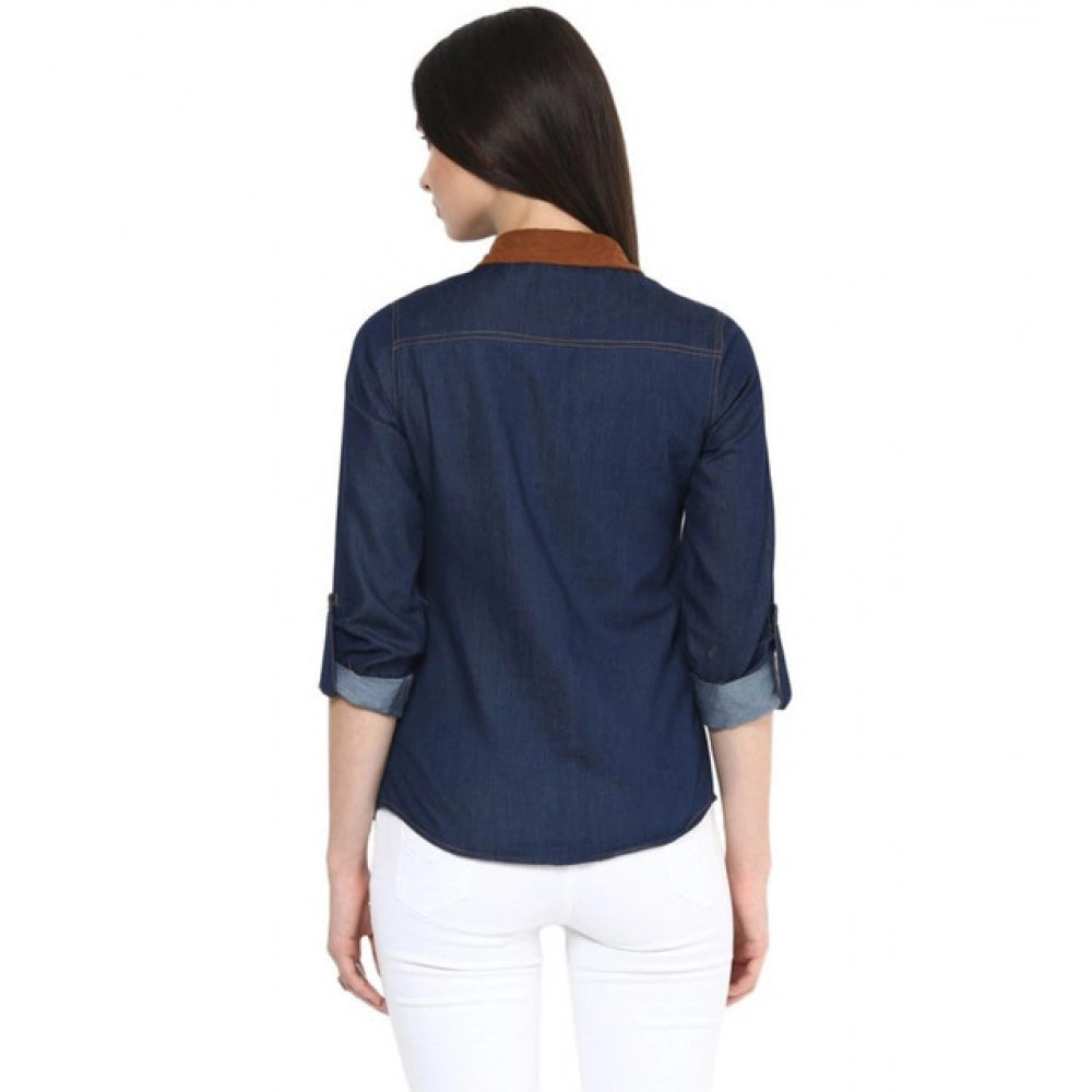 Women's Denim Cotton Based Solid Long Sleeves Shirt — Blue
