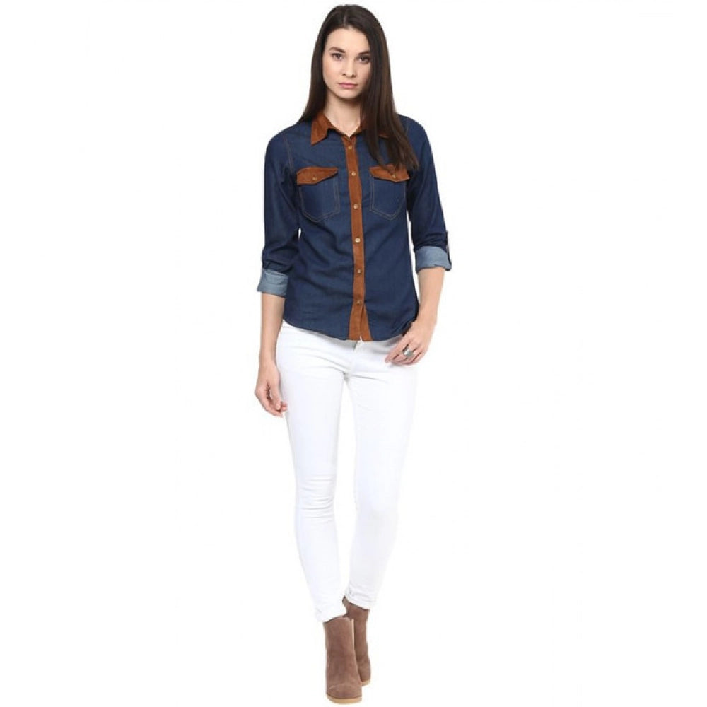 Women's Denim Cotton Based Solid Long Sleeves Shirt — Blue