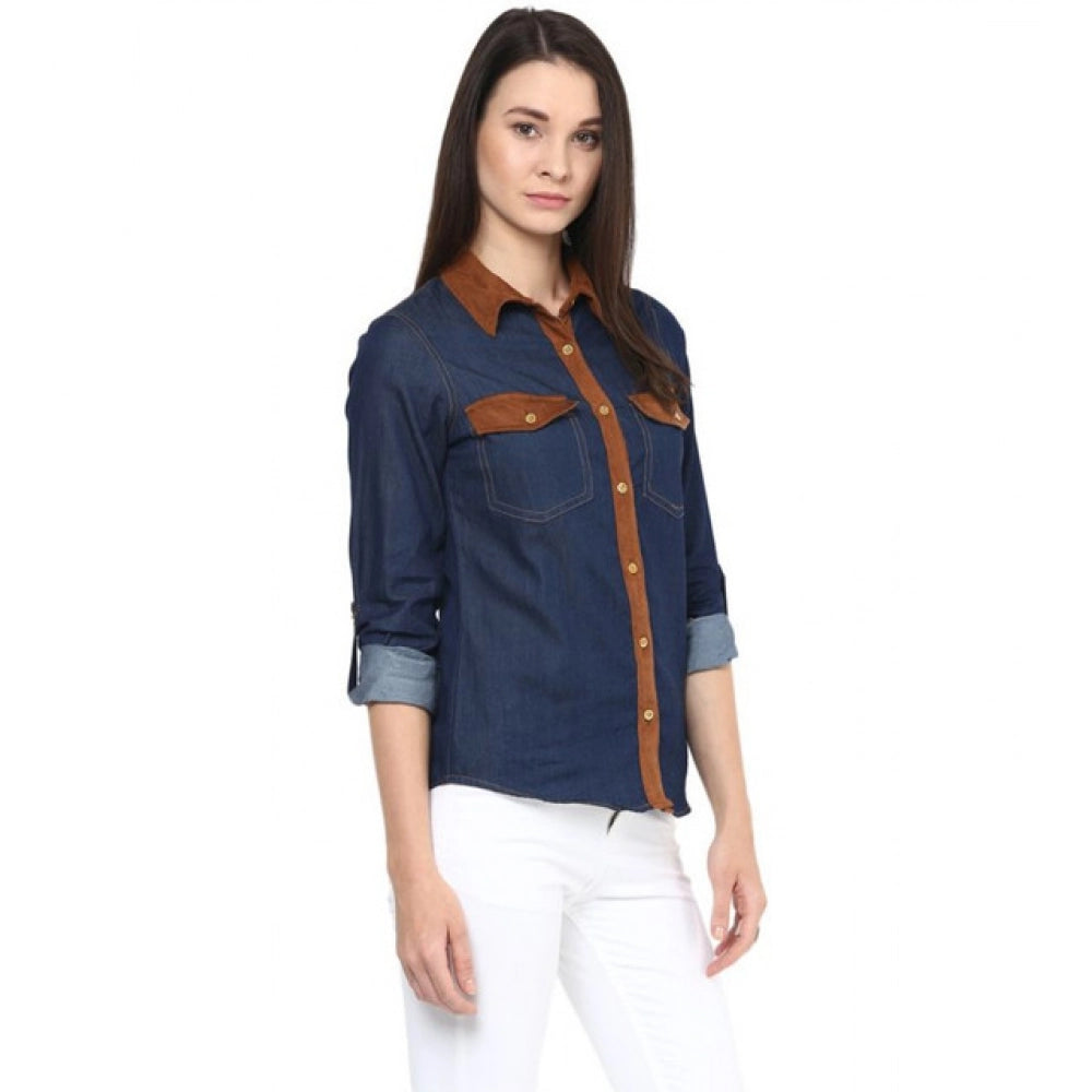 Women's Denim Cotton Based Solid Long Sleeves Shirt — Blue