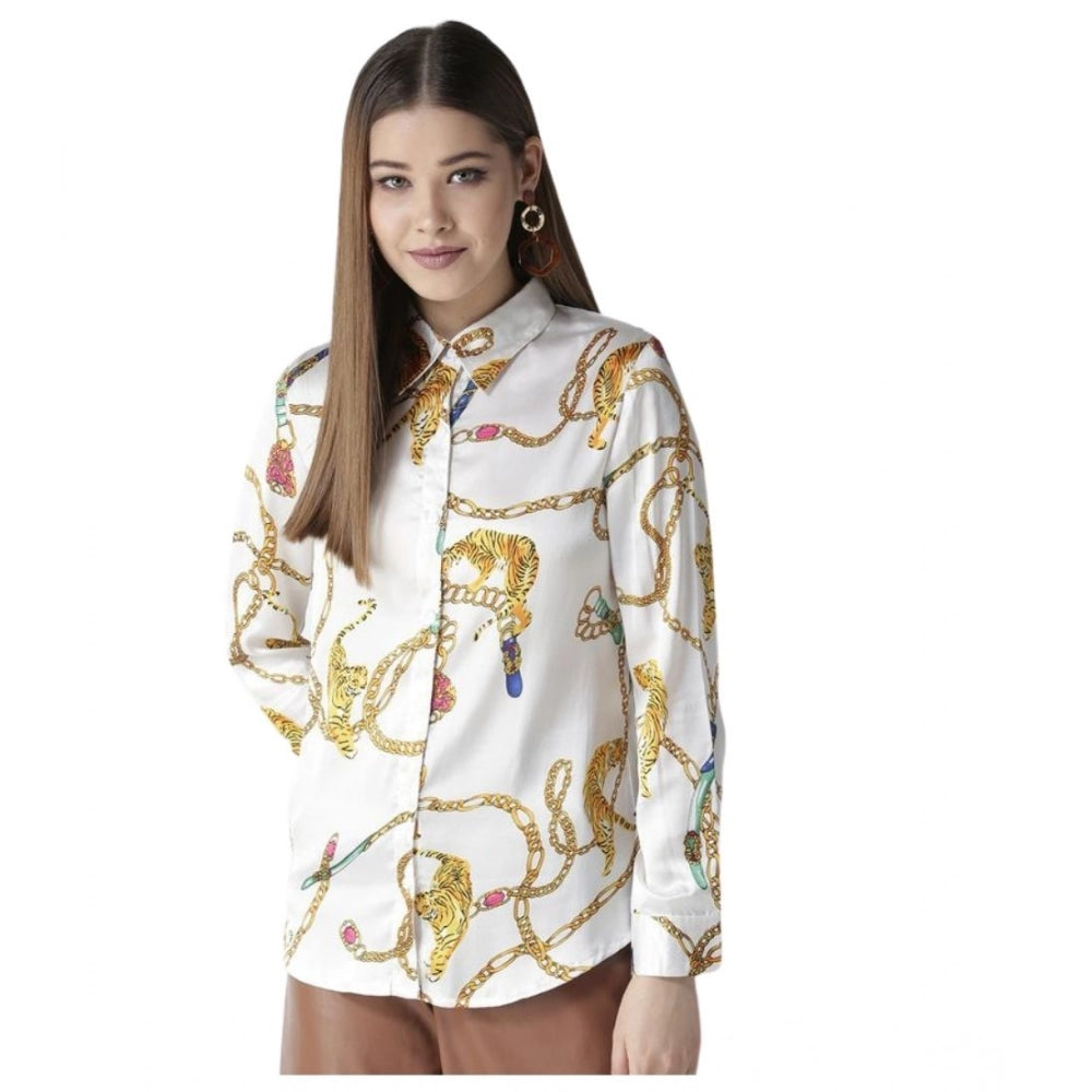 Women's Satin Printed Long Sleeves Shirt — White-Gold