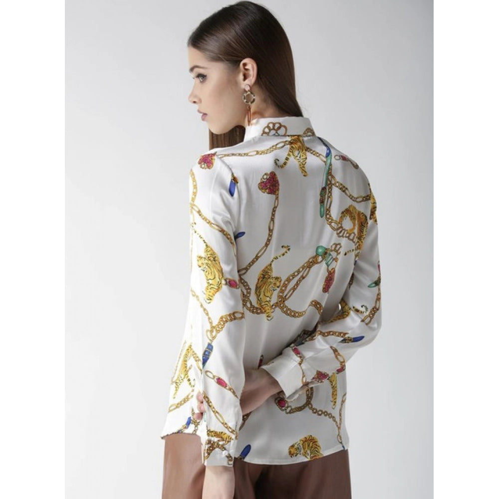 Women's Satin Printed Long Sleeves Shirt — White-Gold